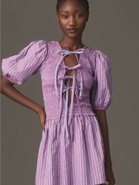 Striped Pink & Lavender Tie-Front Smocked Mini Dress